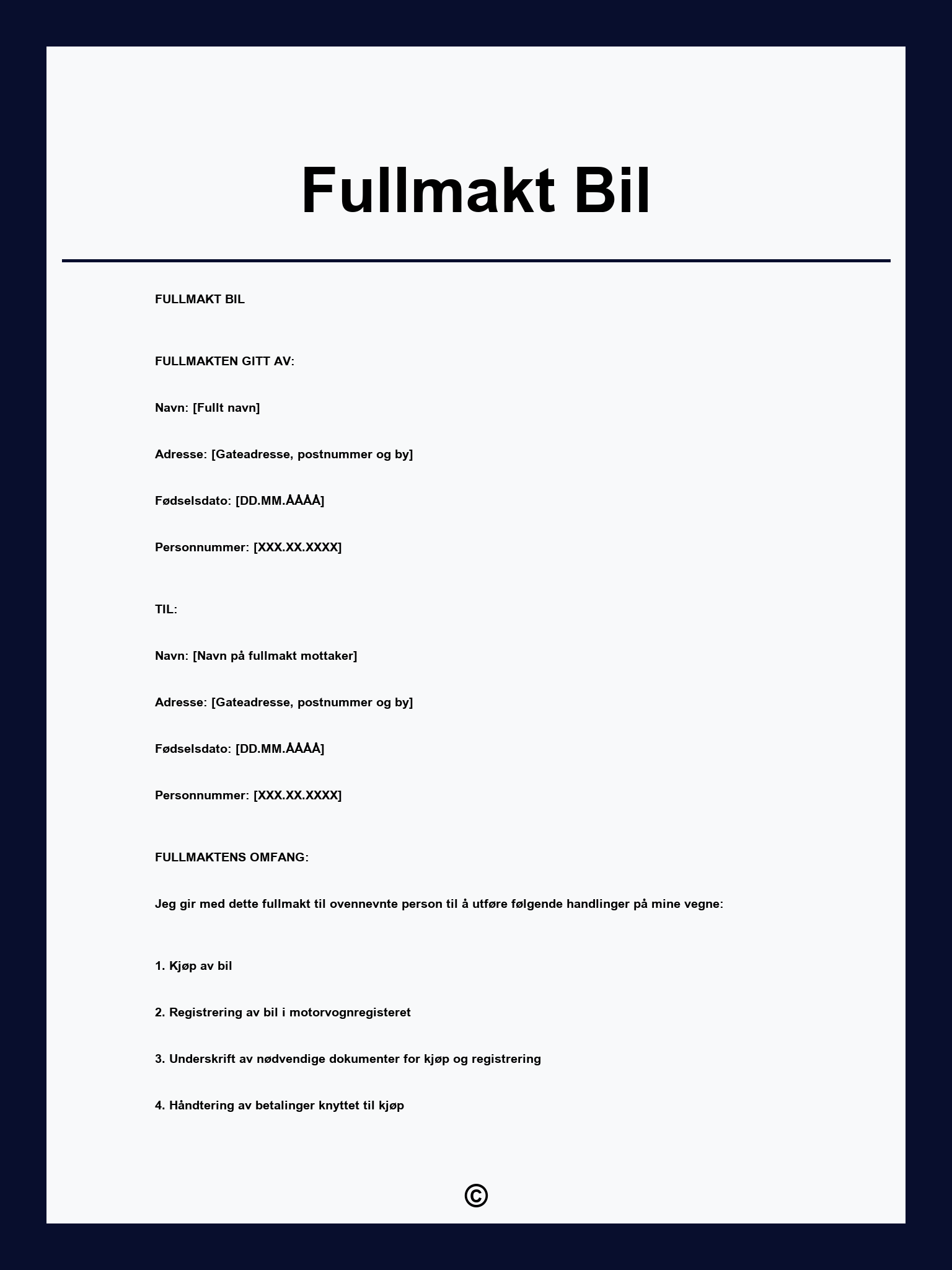 Fullmakt Bil