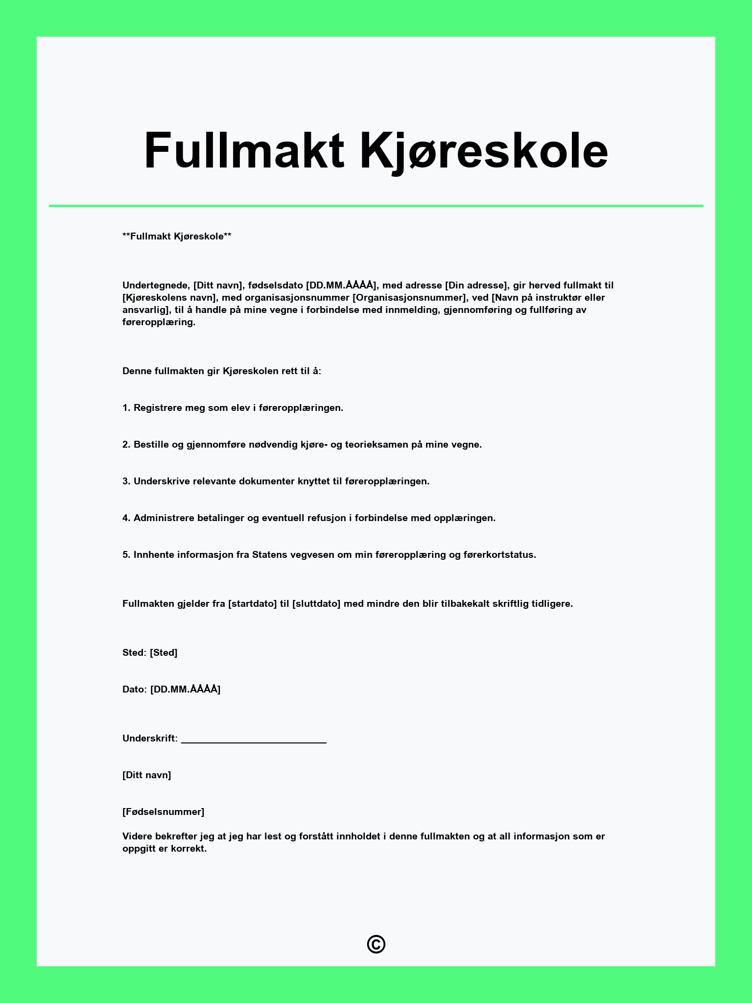 Fullmakt Kjøreskole