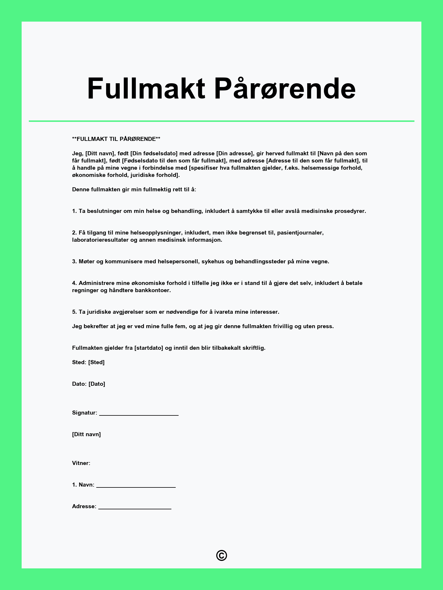 Fullmakt Pårørende