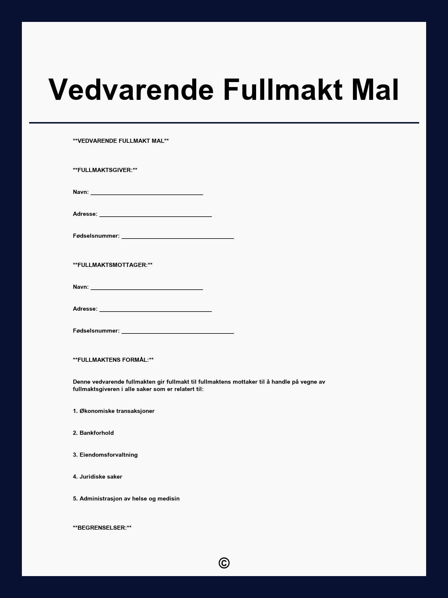 Vedvarende Fullmakt Mal